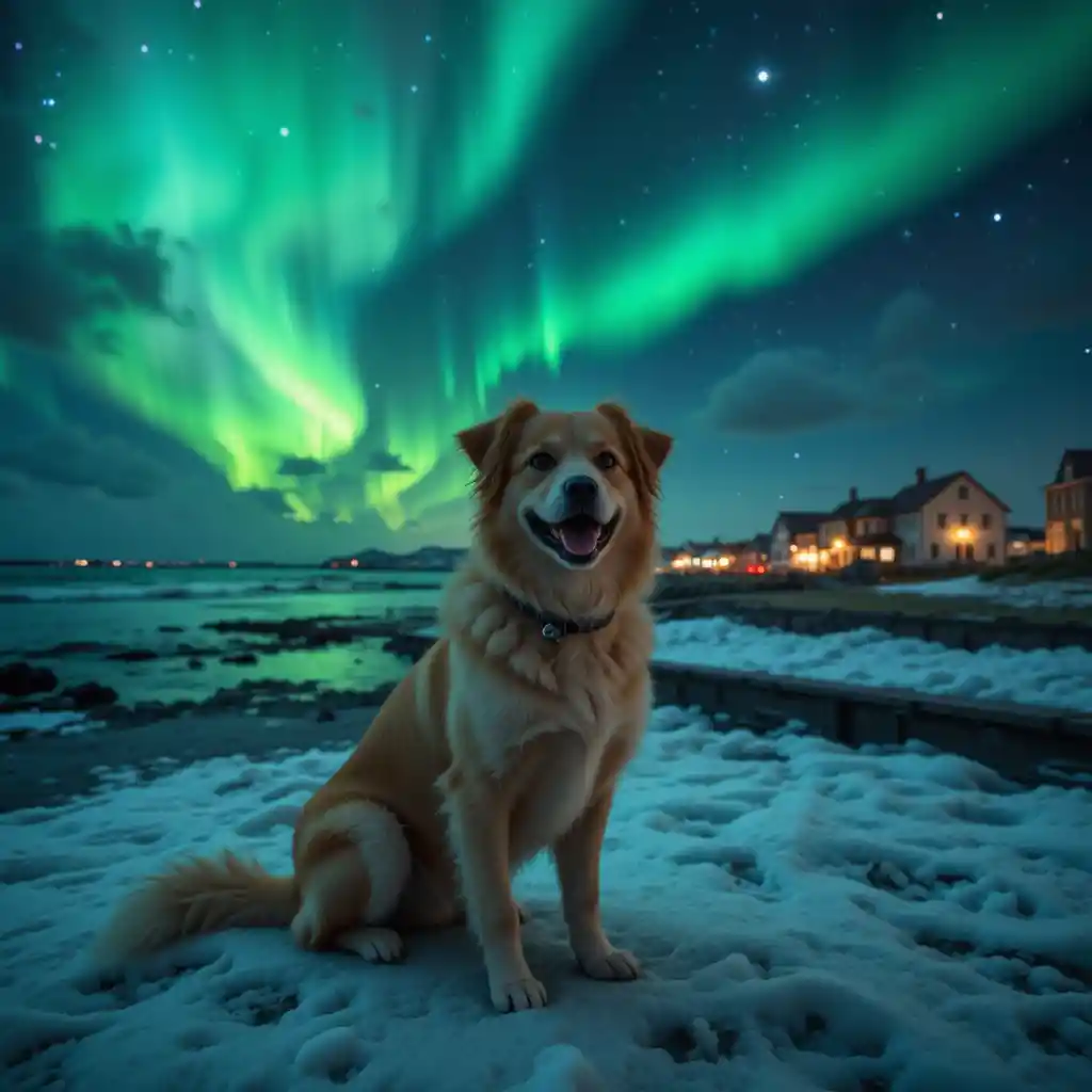 Dog in Reykjavik with northern lights